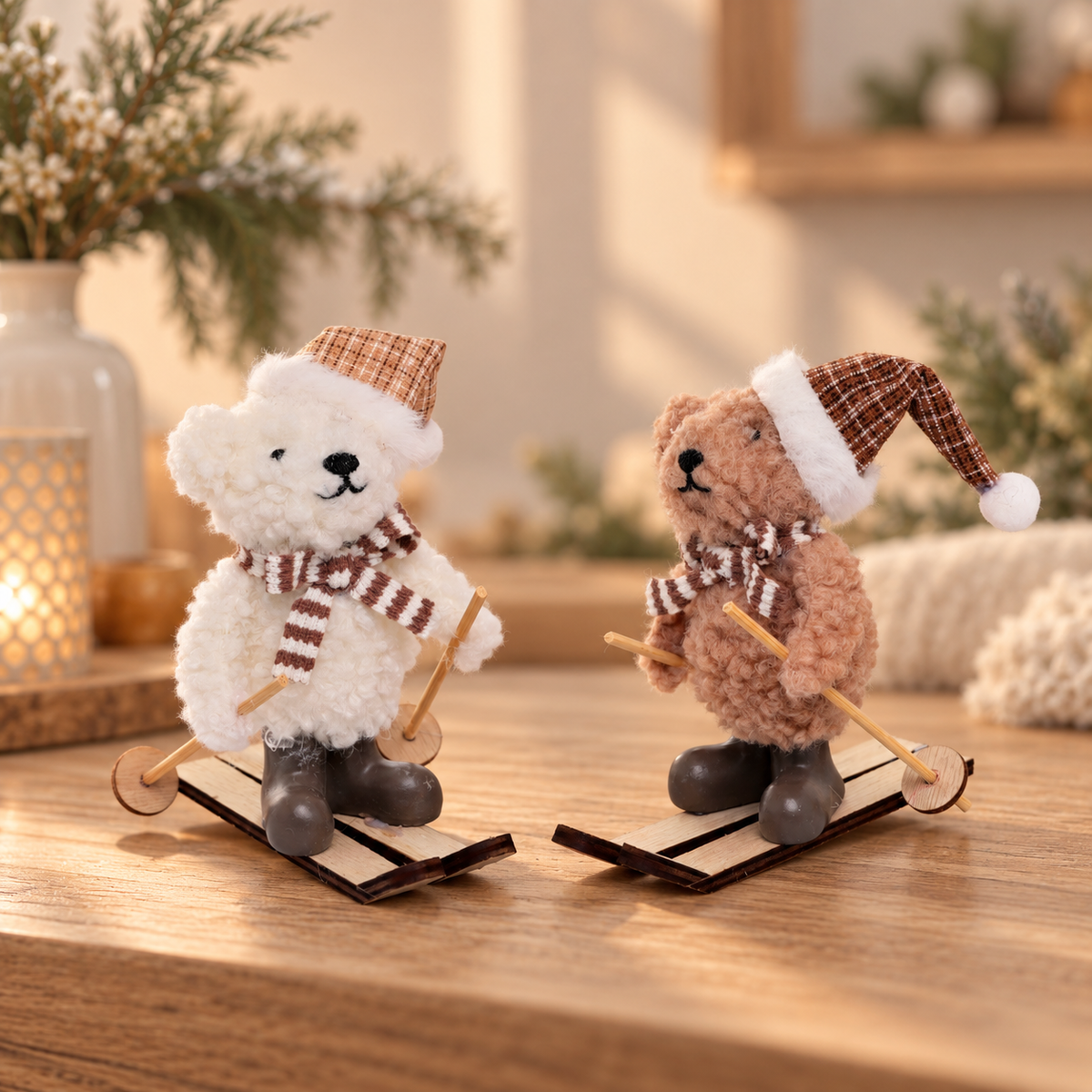 Weihnachtsbär mit Ski 2er Set – 13 cm | Winterdeko Weiß Braun