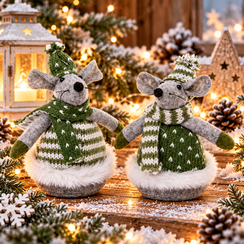 Weihnachtsmäuse 2er Set 15 cm – Deko Mäuse in Grün & Weiß als Weihnachtsdeko