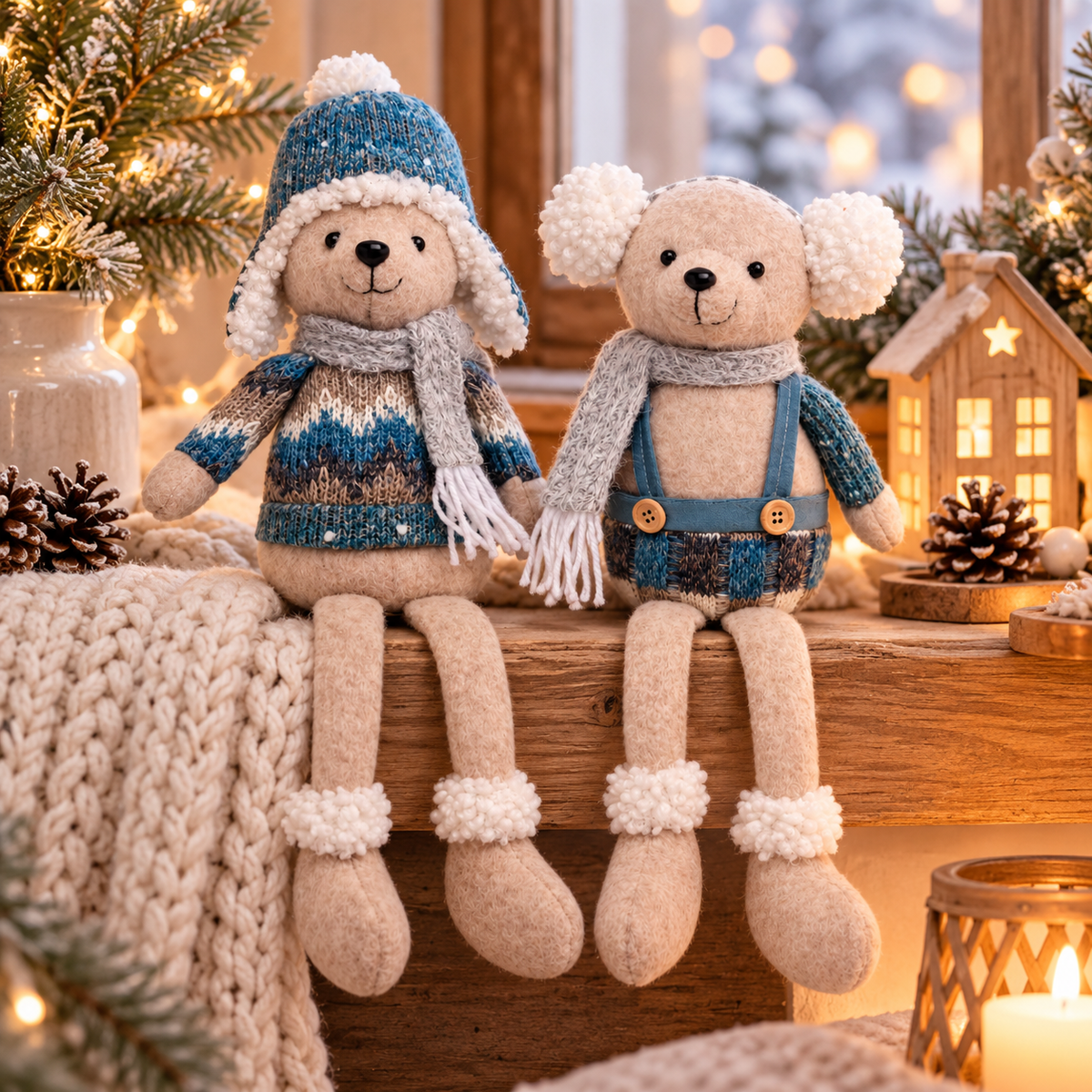 Kantensitzer-Bär 44 cm Blau & Beige – Deko Bär als Winterdeko & Weihnachtsdeko