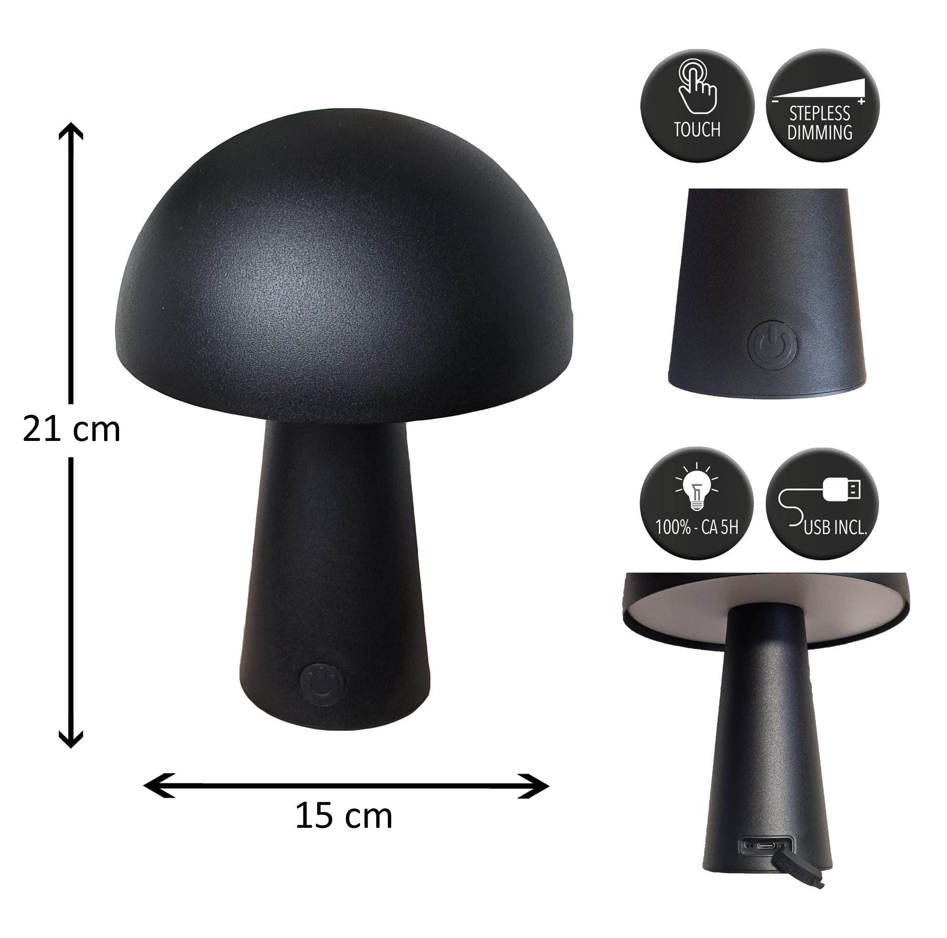 LED Tischlampe kabellos 15x21cm Matt Schwarz Touch-Dimmer 3 Lichtfarben (2800K–6000K) Akku Tischleuchte mit USB-Kabel 80cm Moderne LED Lampe für Wohnzimmer, Schlafzimmer & Terrasse