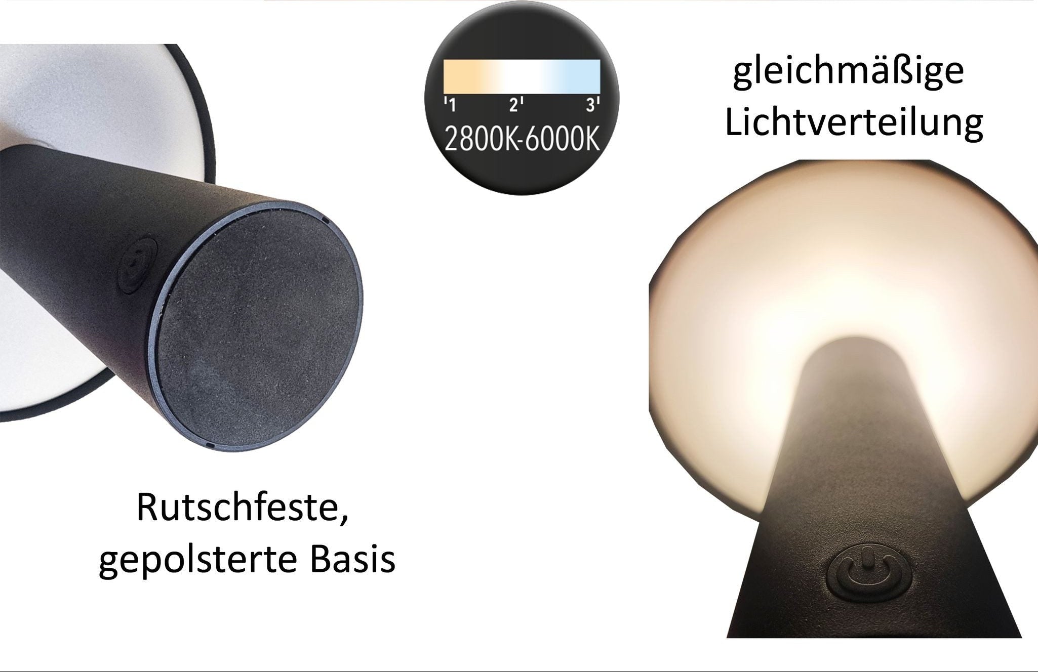 LED Tischlampe kabellos 15x21cm Matt Schwarz Touch-Dimmer 3 Lichtfarben (2800K–6000K) Akku Tischleuchte mit USB-Kabel 80cm Moderne LED Lampe für Wohnzimmer, Schlafzimmer & Terrasse
