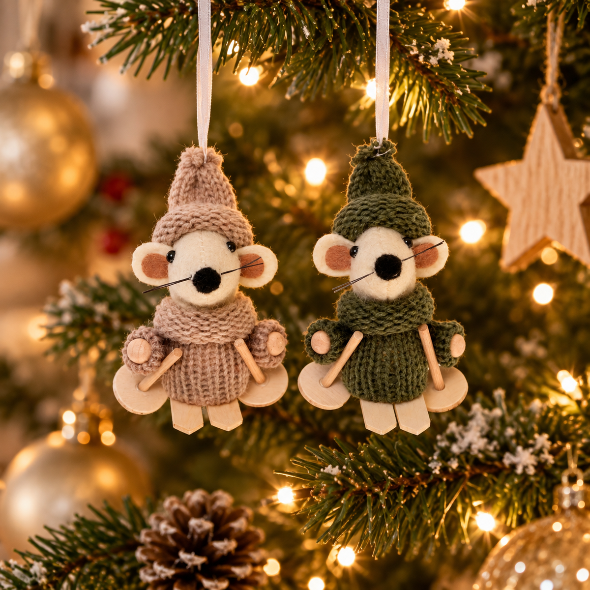 Ski-Mäuse 2er Set – 5 cm | Weihnachtsdeko in Grün und Beige