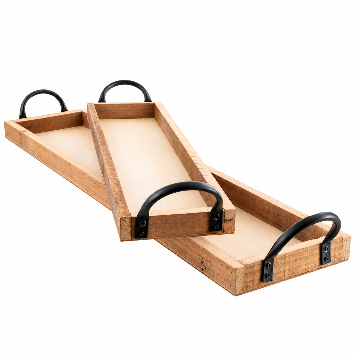 Holztablett 2er Set mit Henkel – Dekotablett & Serviertablett aus Holz 69 & 86 cm