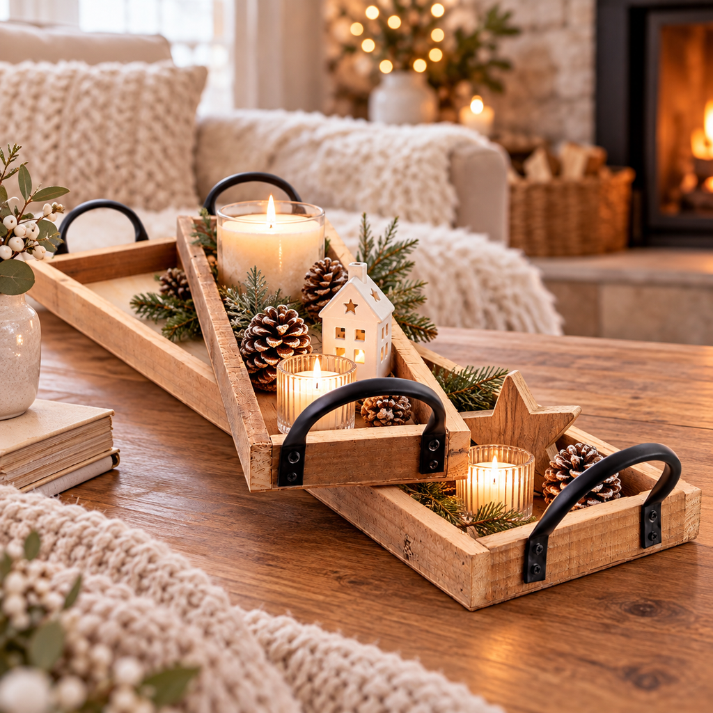 Holztablett 2er Set mit Henkel – Dekotablett & Serviertablett aus Holz 69 & 86 cm