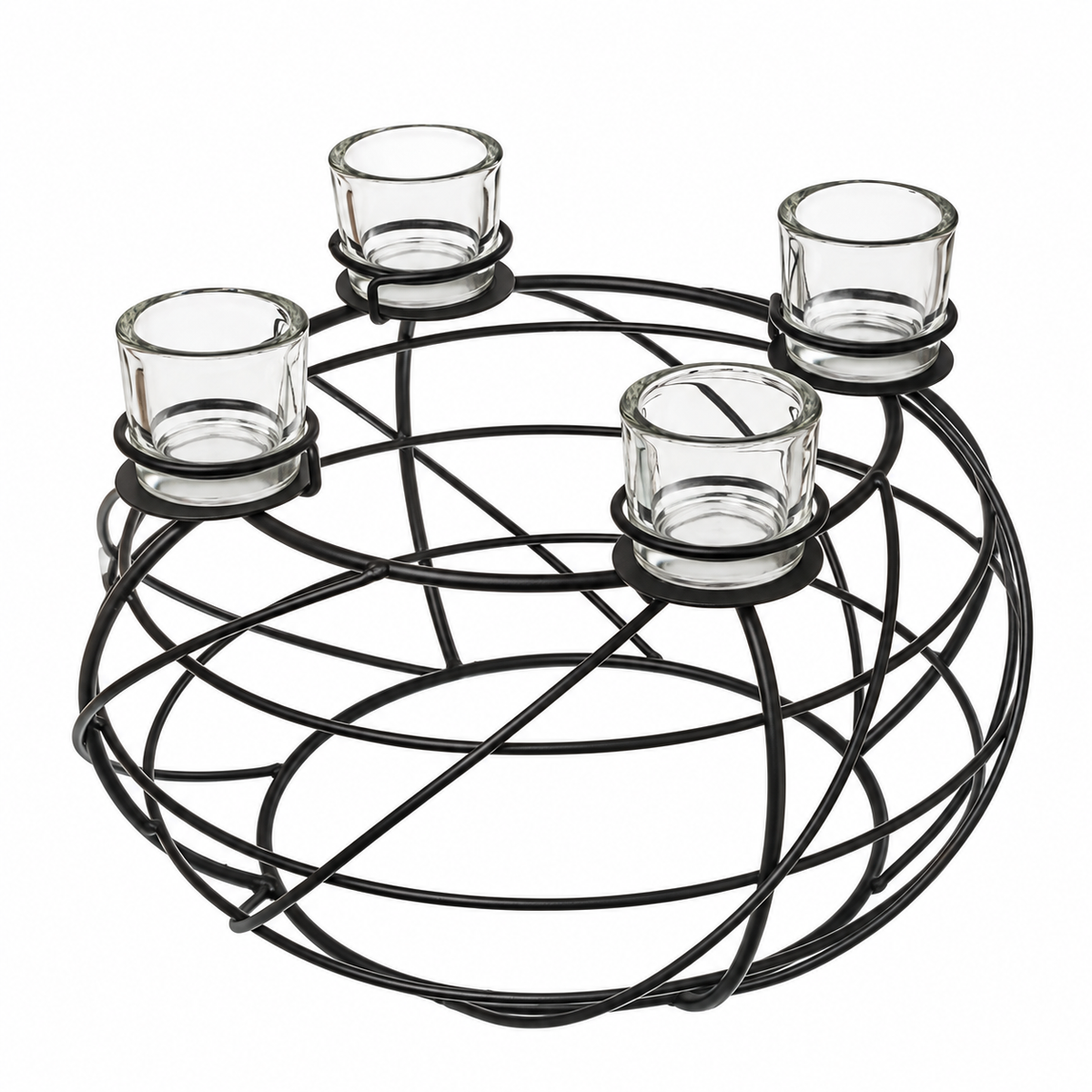 Metall Adventskranz Kerzenhalter Ø 39 cm – Schwarz mit 4 Gläsern