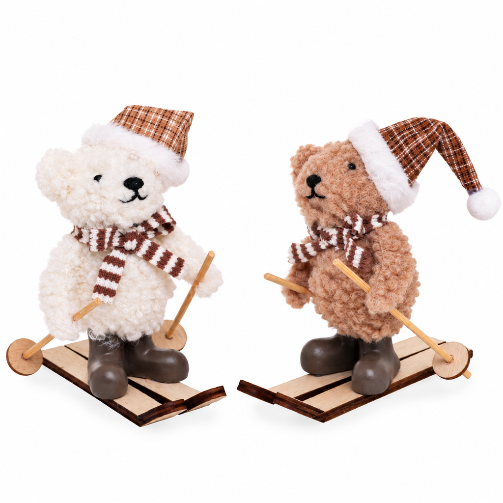 Weihnachtsbär mit Ski 2er Set – 13 cm | Winterdeko Weiß Braun