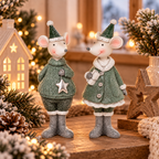 Deko Maus 2er Set 18,5 cm – Stehende Maus aus Polyresin in Grau & Grün