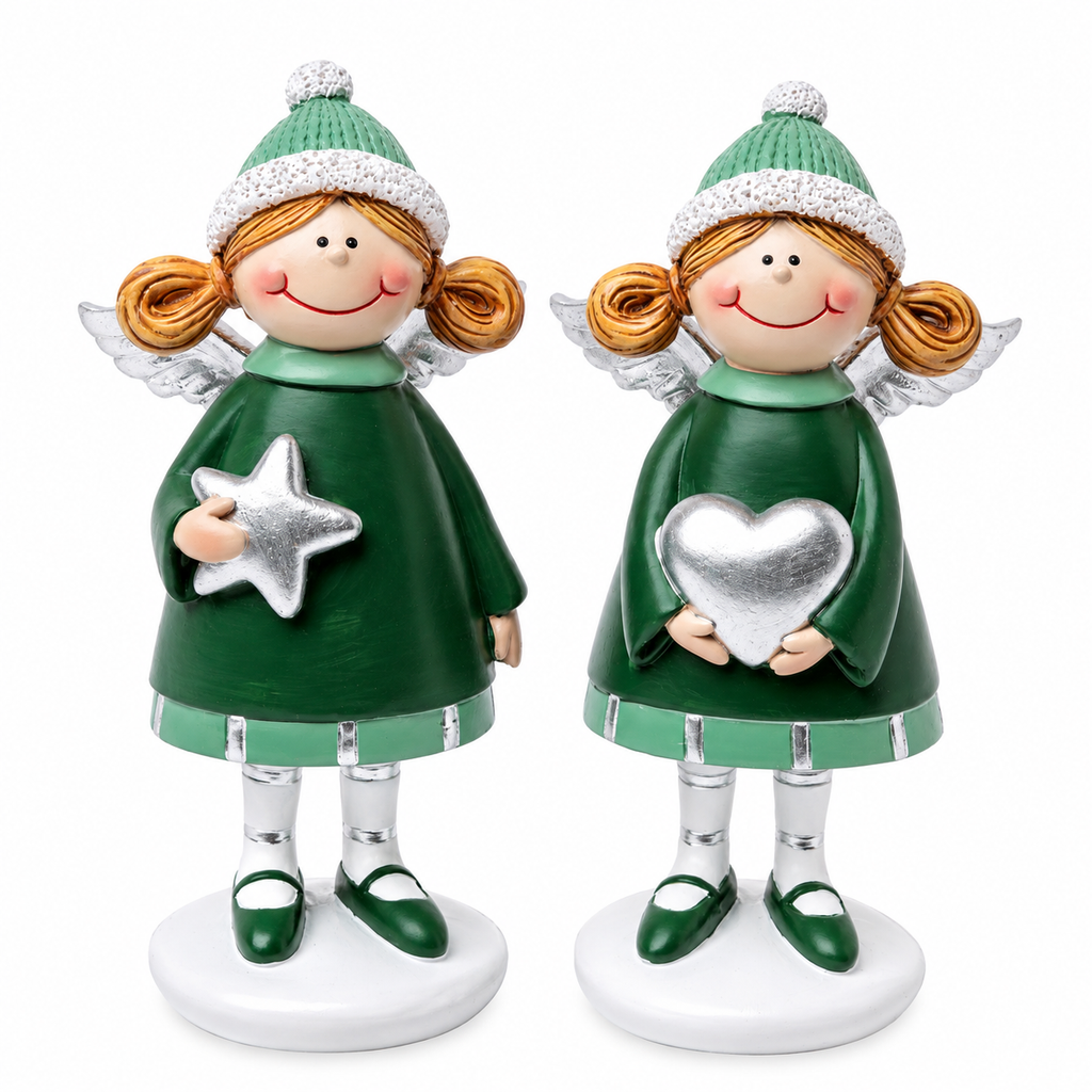 Deko Engel 2er Set 13 cm – Engel mit Stern & Herz aus Polyresin in Grün