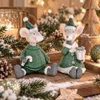 Deko Maus 2er Set 7,5 x 9 cm – Sitzende Maus aus Polyresin in Grau & Grün