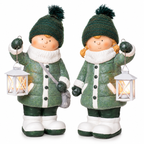 Winterkinder mit Laterne 2er Set 46 cm – Grüne Weihnachtsdeko aus Magnesia