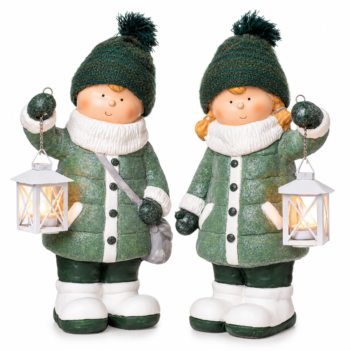 Winterkinder mit Laterne 2er Set 46 cm – Grüne Weihnachtsdeko aus Magnesia
