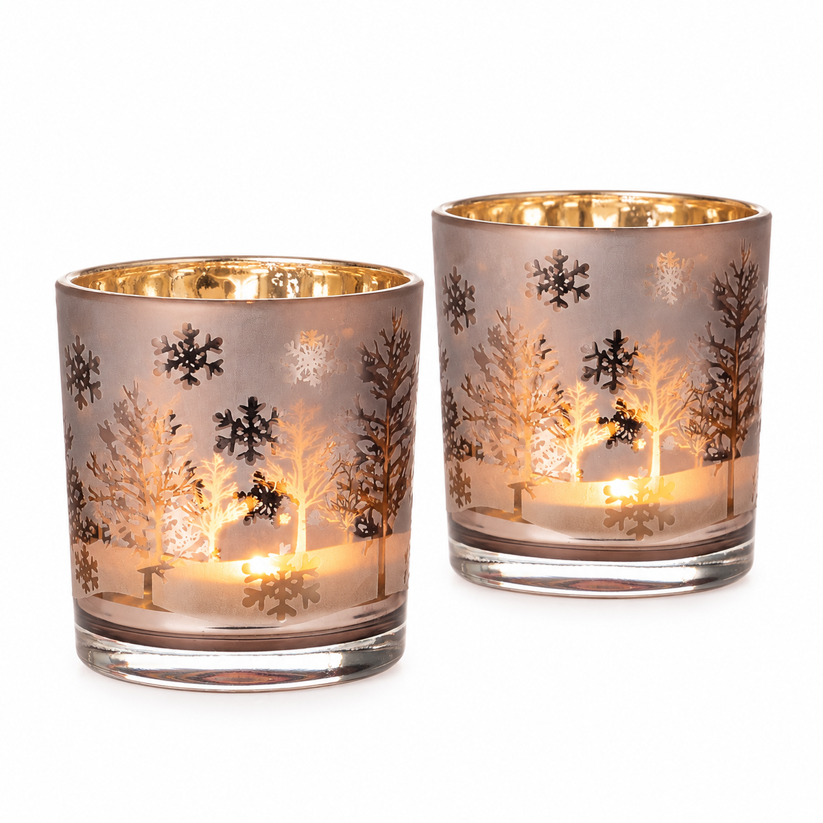 Glas Windlicht 2er Set – Taupe mit goldener Innenfläche