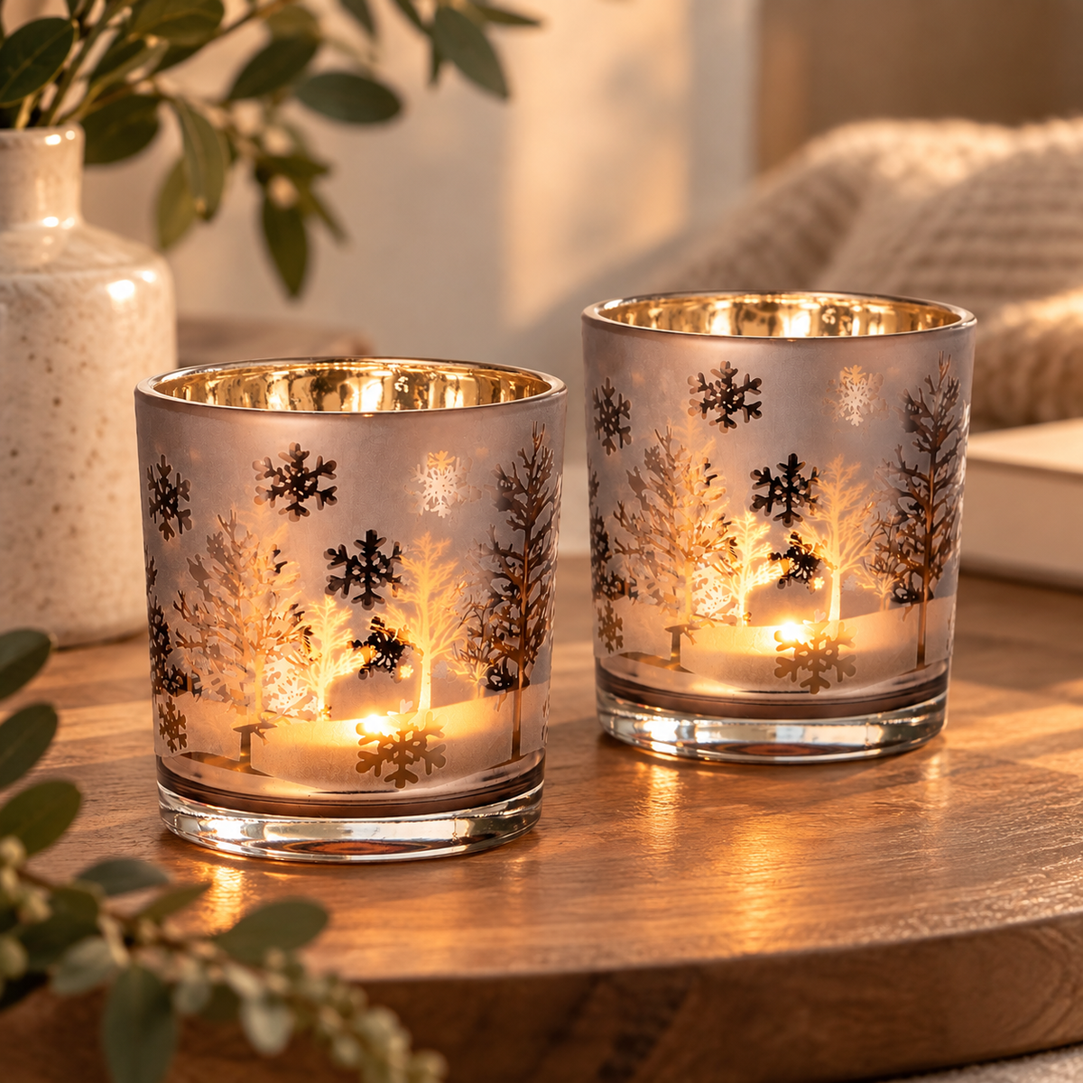 Glas Windlicht 2er Set – Taupe mit goldener Innenfläche