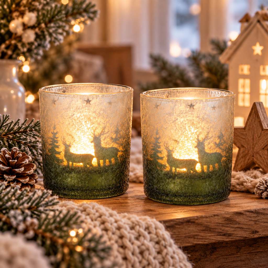 Glas Windlicht 2er Set „Winter“ Teelichthalter Ø8,8cm 10 cm – Grün & Silber als Winterdeko