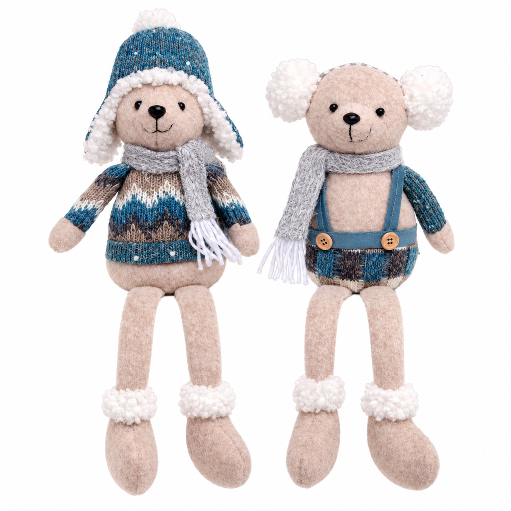 Kantensitzer-Bär 44 cm Blau & Beige – Deko Bär als Winterdeko & Weihnachtsdeko