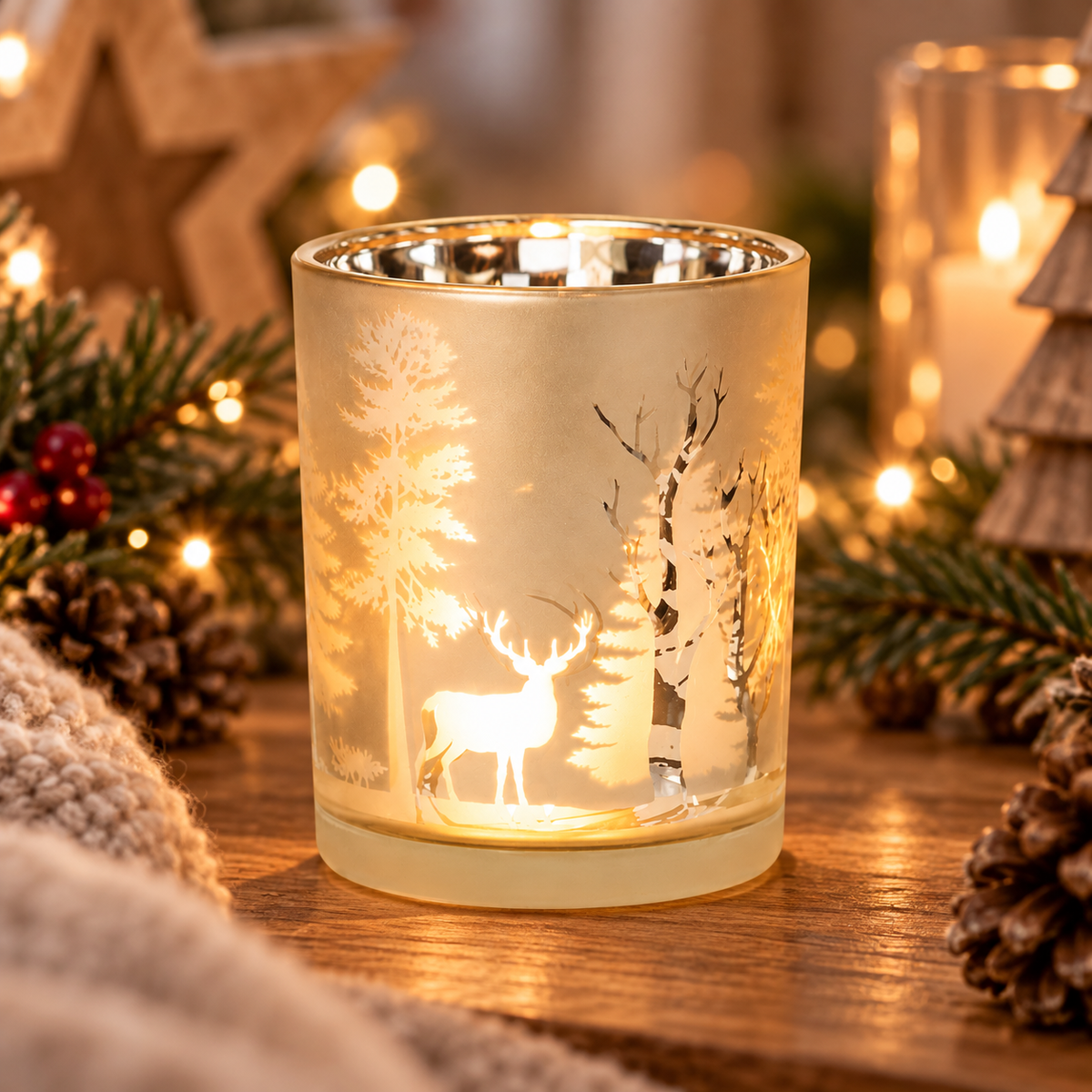 Teelichtglas Tanne Gold – Weihnachtsdeko 10 x 12,5 cm