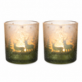Glas Windlicht 2er Set „Winter“ Teelichthalter Ø8,8cm 10 cm – Grün & Silber als Winterdeko