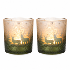 Glas Windlicht 2er Set „Winter“ Teelichthalter Ø8,8cm 10 cm – Grün & Silber als Winterdeko