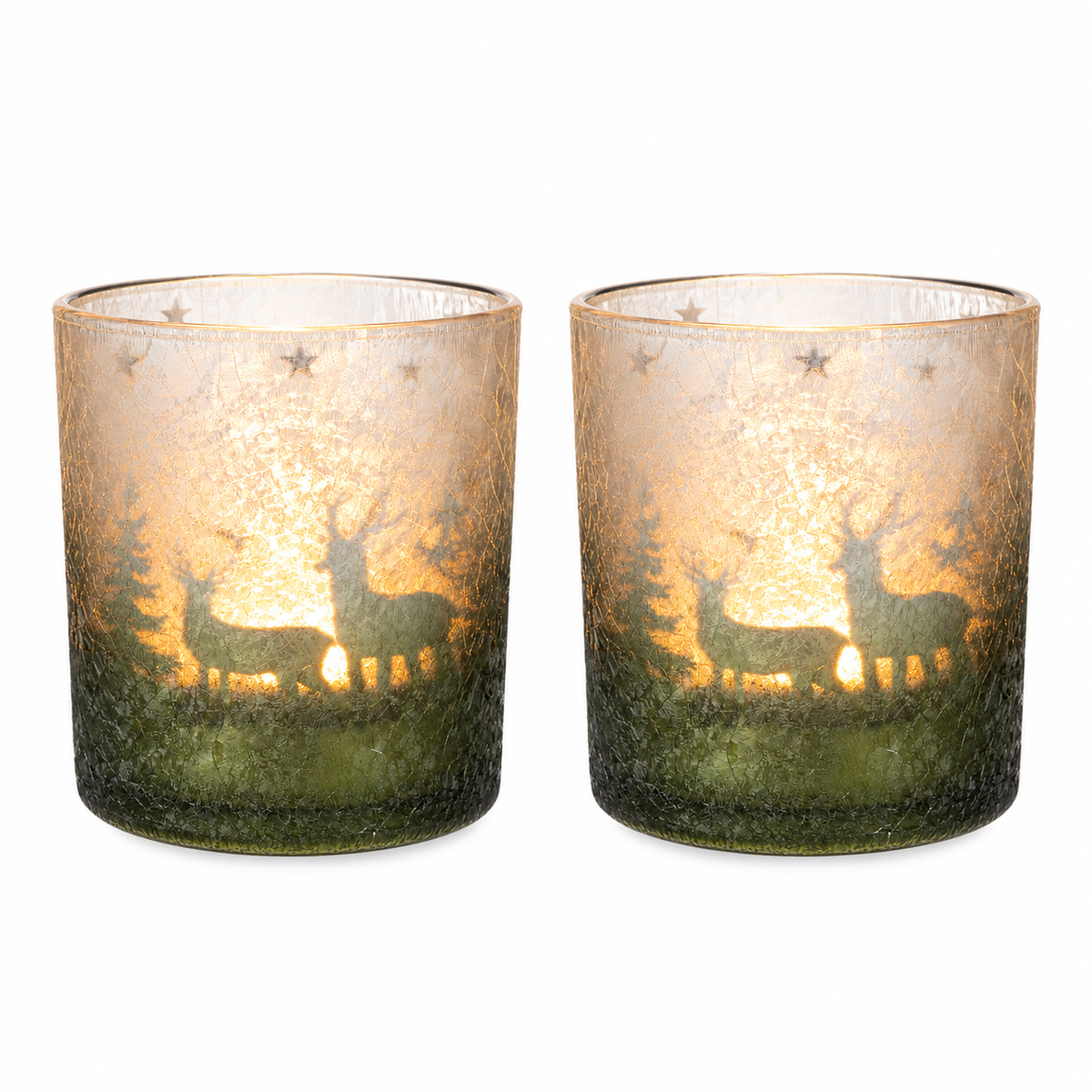 Glas Windlicht 2er Set „Winter“ Teelichthalter Ø8,8cm 10 cm – Grün & Silber als Winterdeko