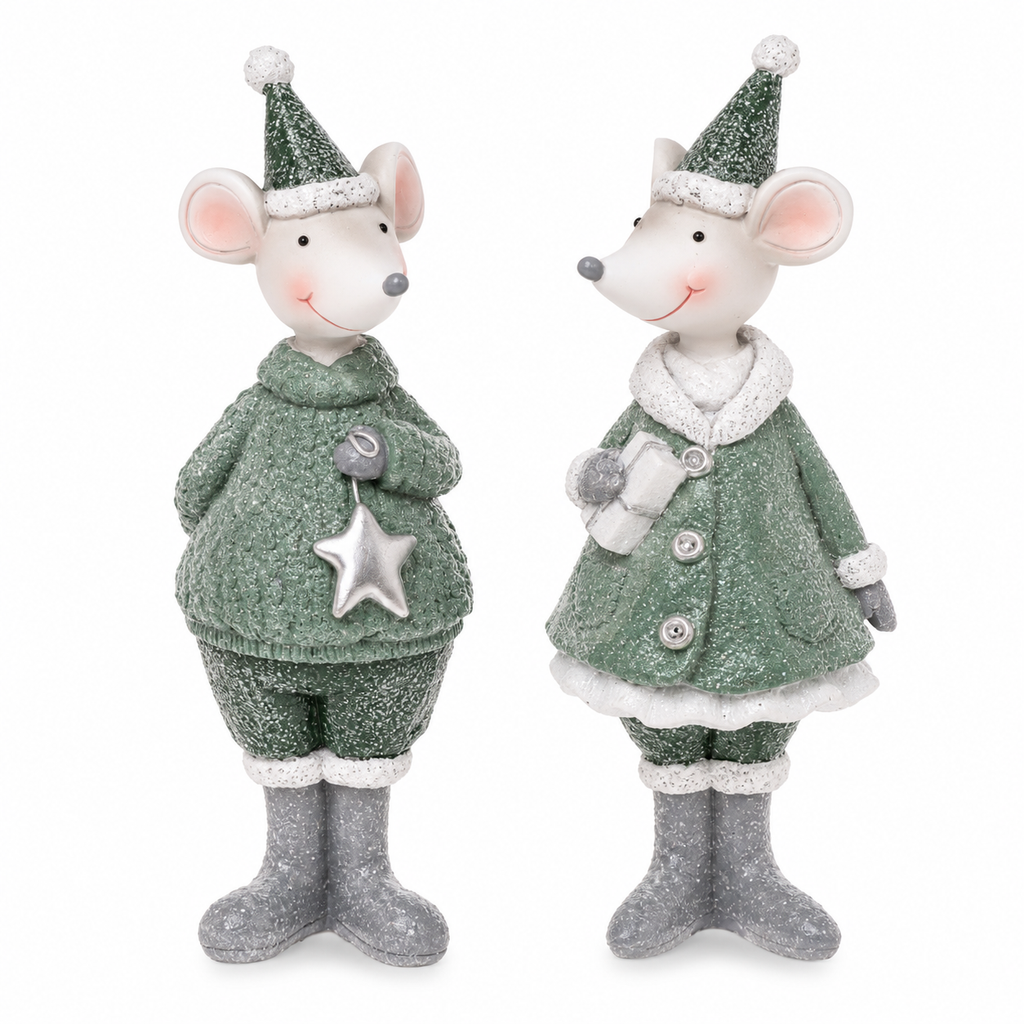 Deko Maus 2er Set 18,5 cm – Stehende Maus aus Polyresin in Grau & Grün