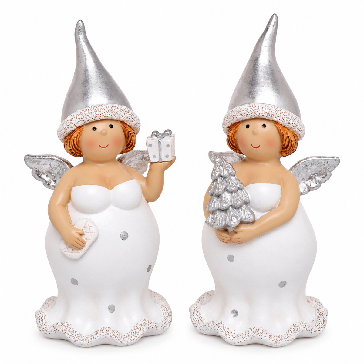 Engel 2er Set Weiß Silber – 16 cm | Polyresin Weihnachtsdeko
