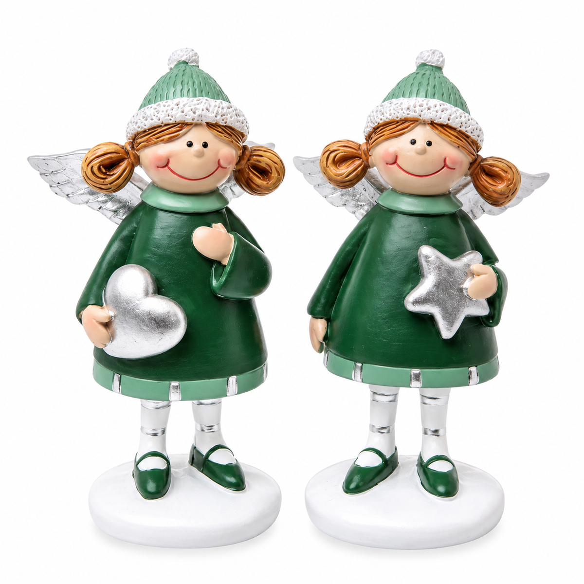 Deko Engel 2er Set 9 cm – Engel mit Stern & Herz aus Polyresin in Grün