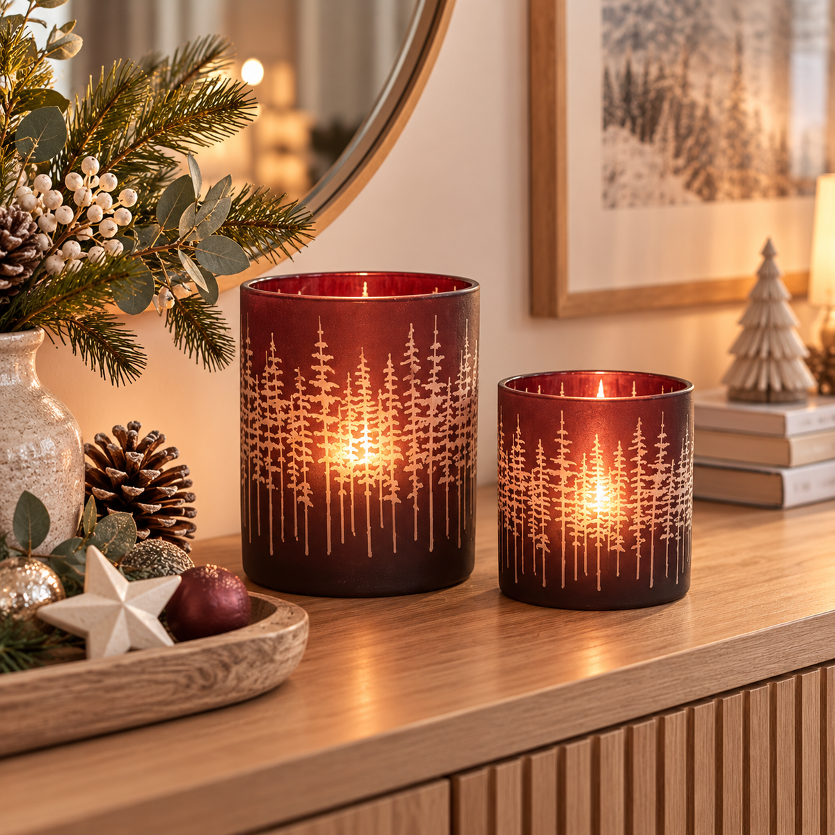 Windlicht Glas Wald bordeaux Teelichthalter 2Größen wählbar