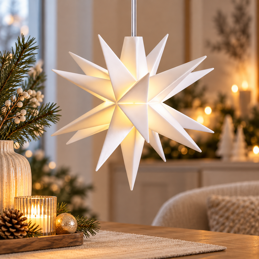Mini-Stern 18 Zacken Ø 12 cm in Weiß – Weihnachtsstern mit Trafo, 6-Stunden-Timer & 5 m Zuleitung für Innen & Außen
