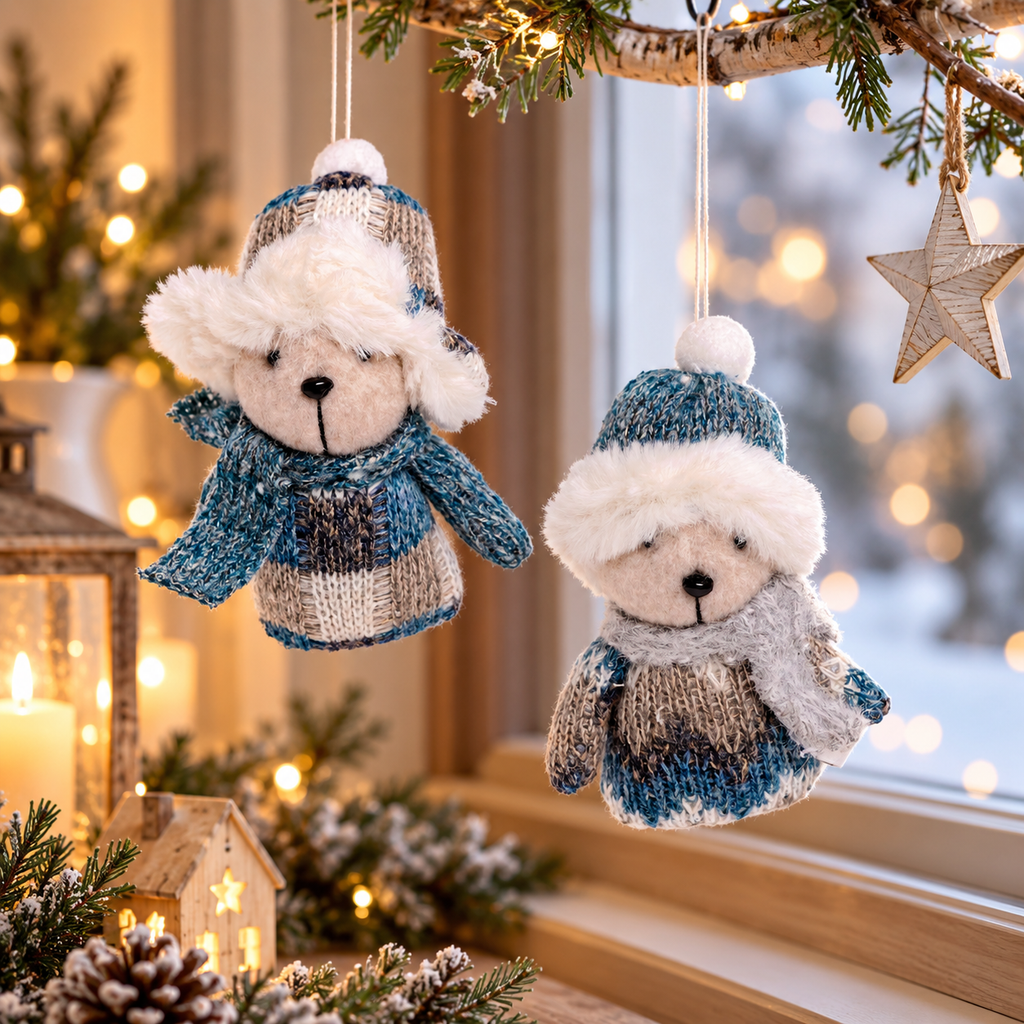Bär Deko-Hänger 16 cm in Blau & Weiß – 2-fach sortiert – Fensterschmuck, Weihnachtsdeko & Winterdeko