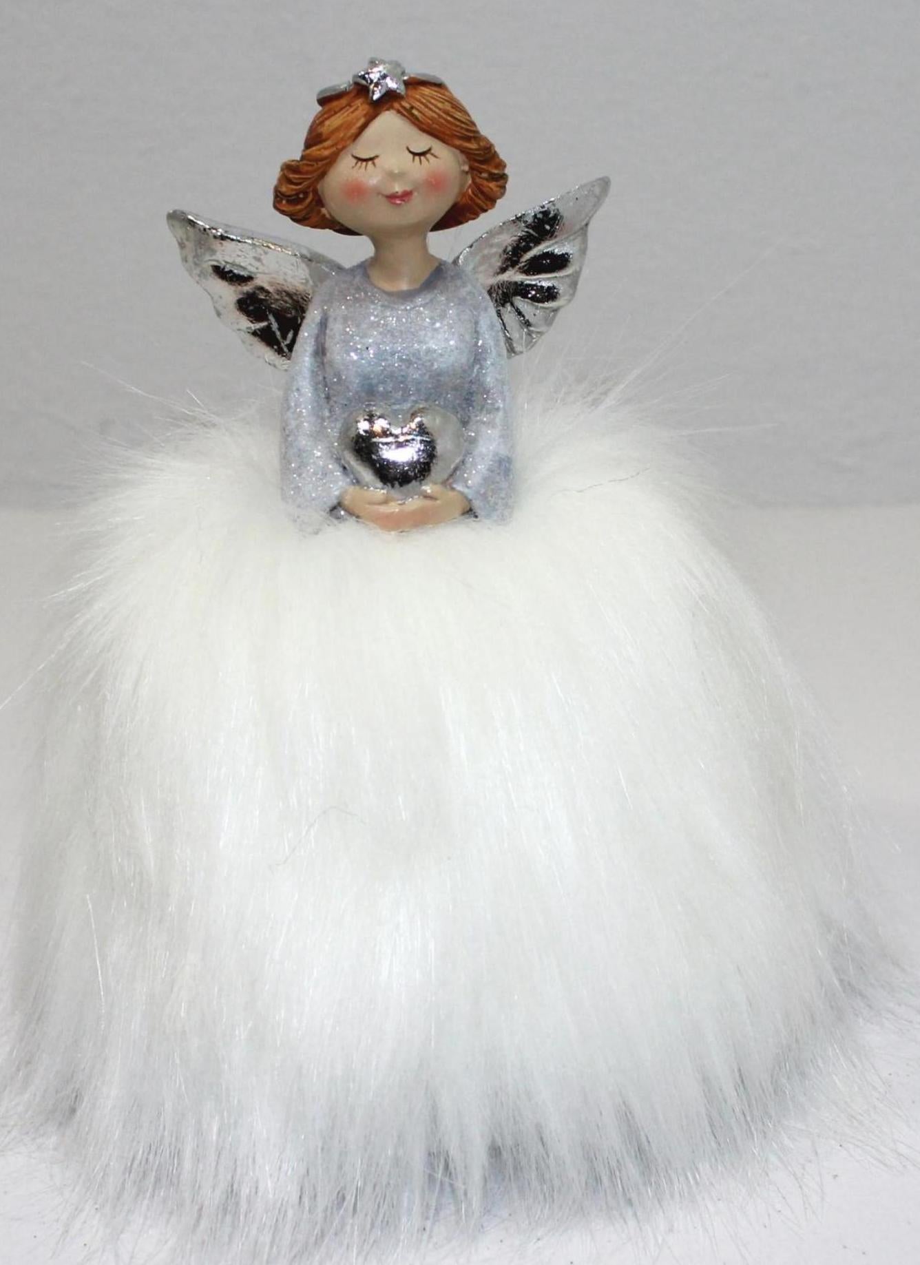 Engel mit Fell Figur Skulptur Polyresin weiss-silber 2Größen wählbar