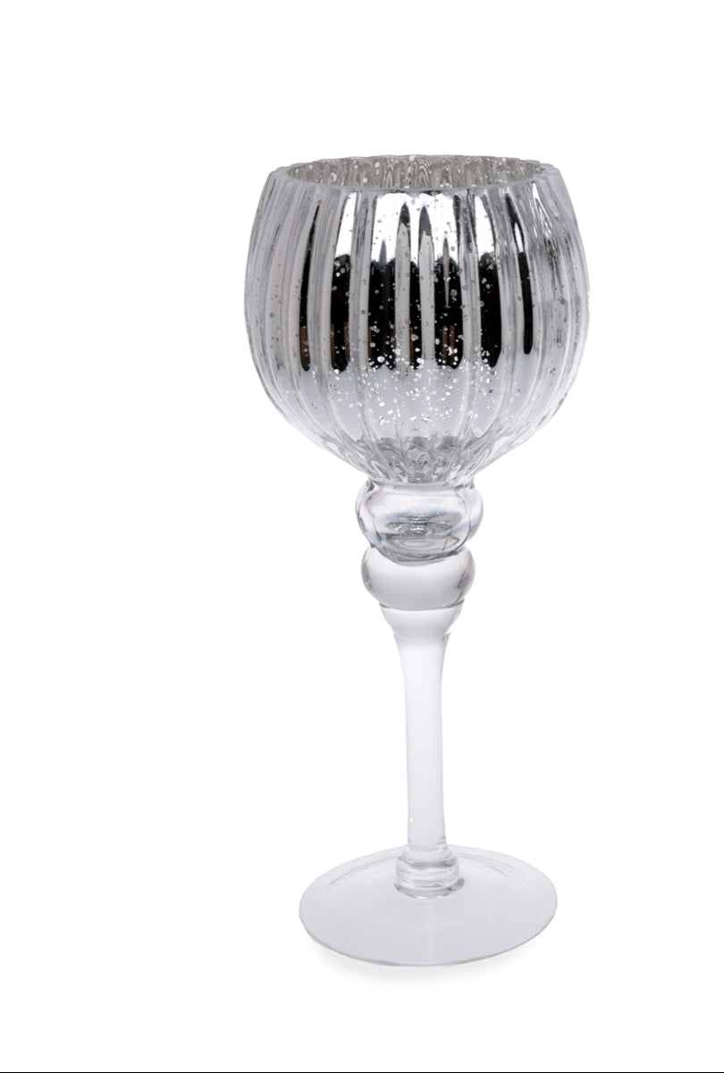 Windlicht Kerzenglas Teelichthalter H30cm + H35cm Glaspokal Elegante Pokalform klar/silber 2Größen wählbar