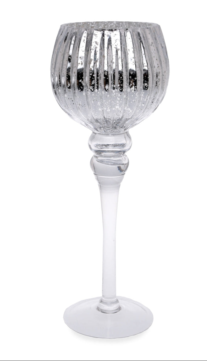 Windlicht Kerzenglas Teelichthalter H30cm + H35cm Glaspokal Elegante Pokalform klar/silber 2Größen wählbar