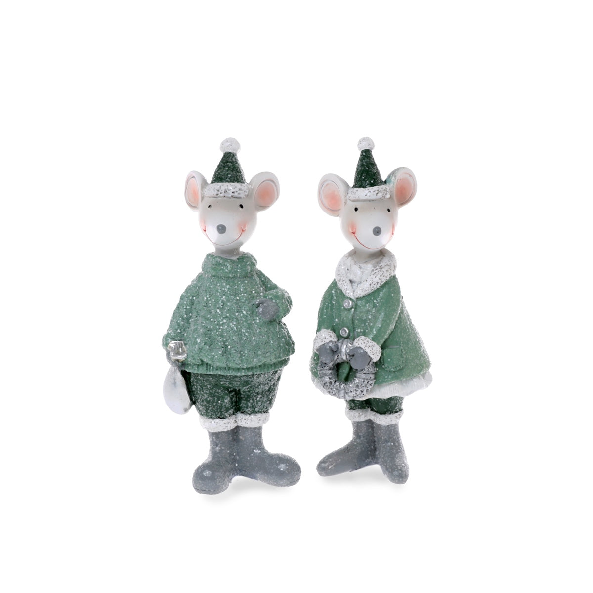 Maus Weihnachtsdeko 5 x 12,5 cm in Grau & Grün – Niedliche Dekofigur aus Polyresin – Stehende Weihnachtsmaus für Winterdeko, Tischdeko & Regal
