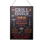 Lade das Bild in den Galerie-Viewer, Spruchschild "GRILL REGELN" Schild aus Metall – Geprägt – Dekoschild für Haus &amp; Eingang – ca. 22 x 32 cm Dekoschild Garten
