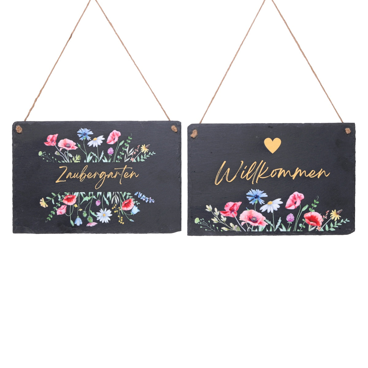Spruchschild Schiefertafel 2fach sort. zum Aufhängen "Willkommen" und "Zaubergarten" Schieferplatte Eingangstür Gartentür 30xH20cm