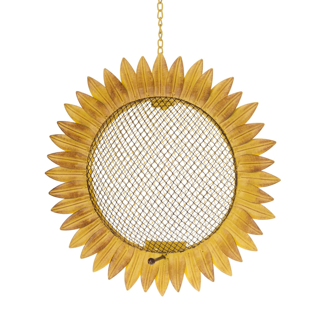 Futterstelle Sonnenblume zum Aufhängen – Ø 28 cm, gelb/braun, dekorative Vogelfutterstelle für Garten, Balkon und Terrasse, mit Kette ca. L61 cm