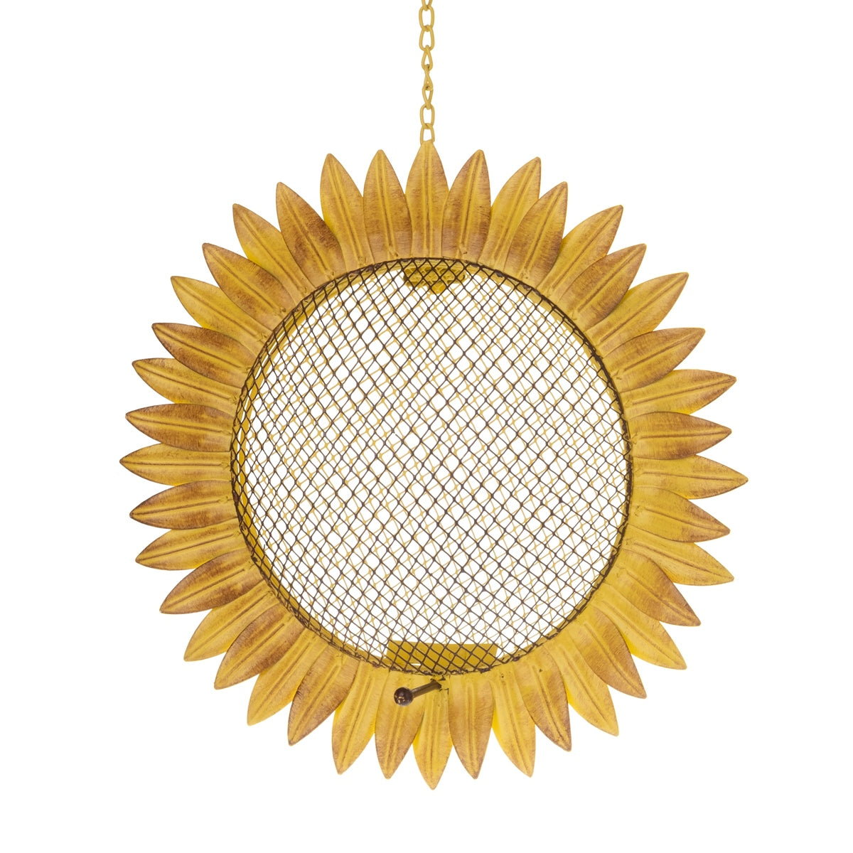 Futterstelle Sonnenblume zum Aufhängen – Ø 28 cm, gelb/braun, dekorative Vogelfutterstelle für Garten, Balkon und Terrasse, mit Kette ca. L61 cm