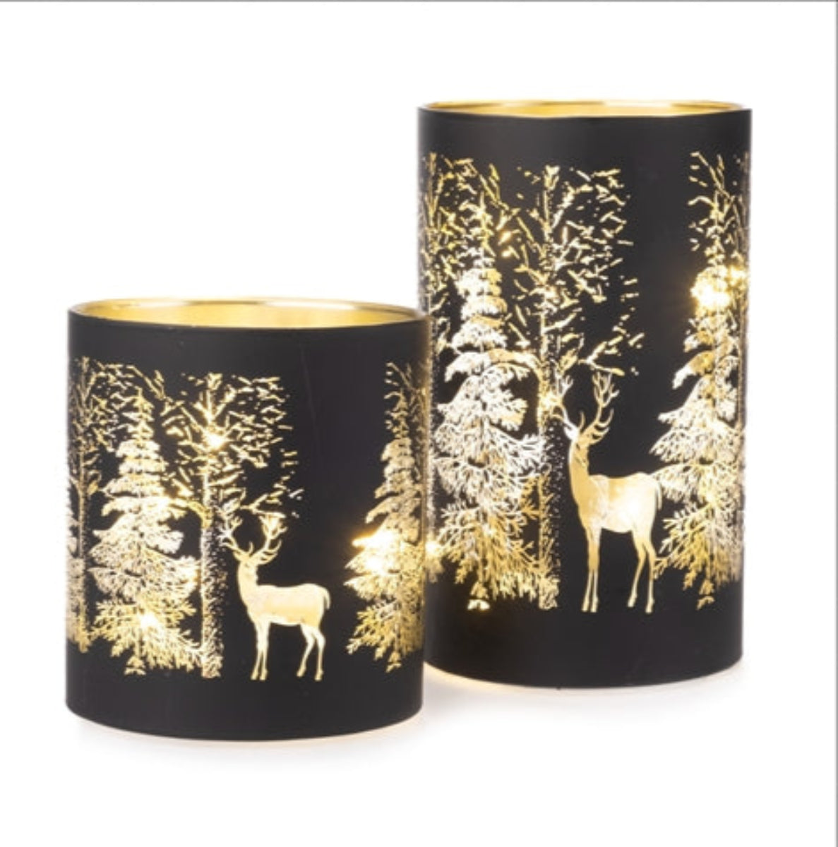 Windlicht Kerzenglas LED H10cm+H15cm Weihnachten Winter schwarz Wald Dekoration 2Größen wählbar