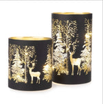 Lade das Bild in den Galerie-Viewer, Windlicht Kerzenglas LED H10cm+H15cm Weihnachten Winter schwarz Wald Dekoration 2Größen wählbar

