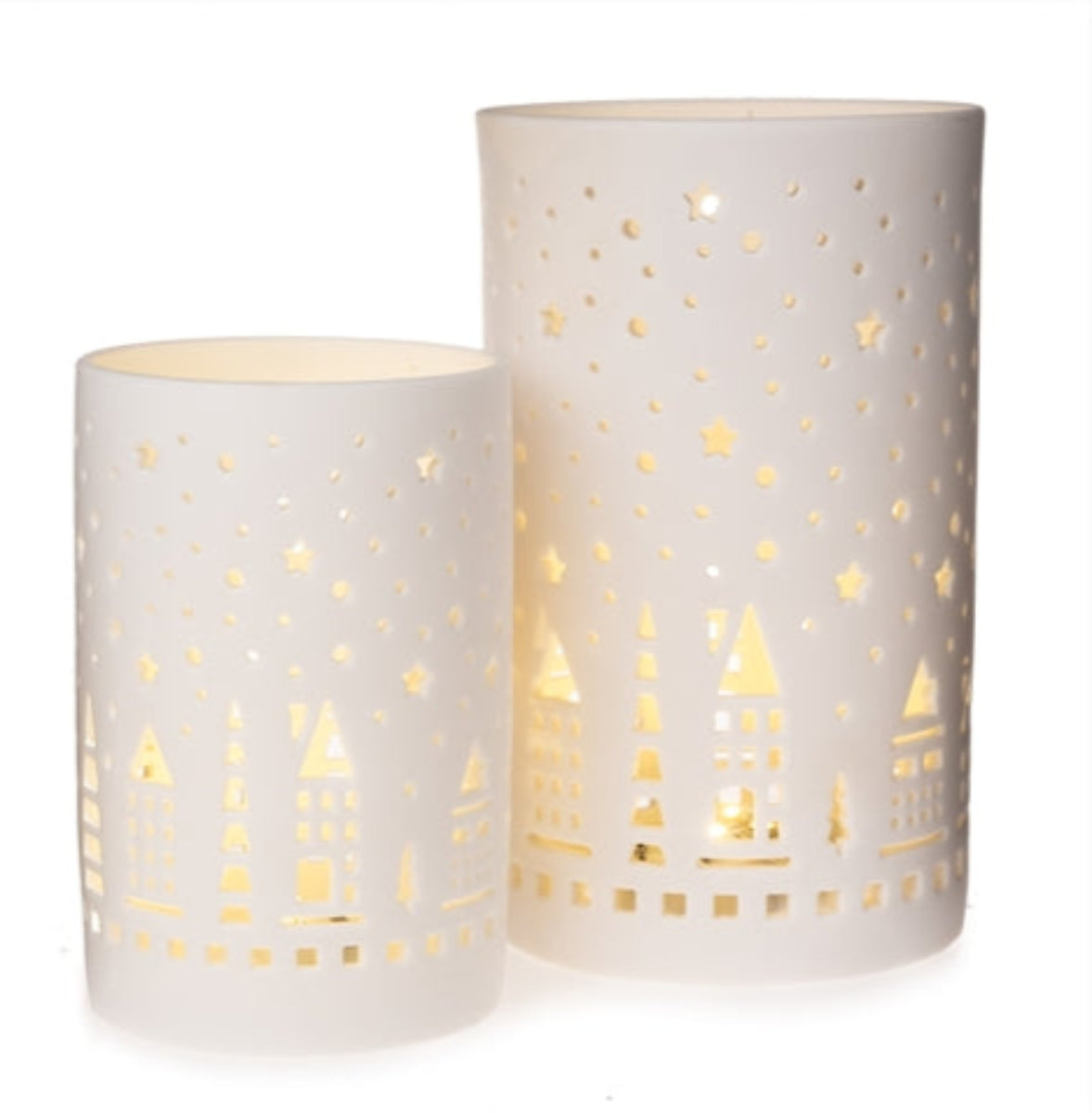 Windlicht Kerzenglas LED H13cm+H17cm Weihnachten Winter weiß porzellan Wald Dekoration 2Größen wählbar