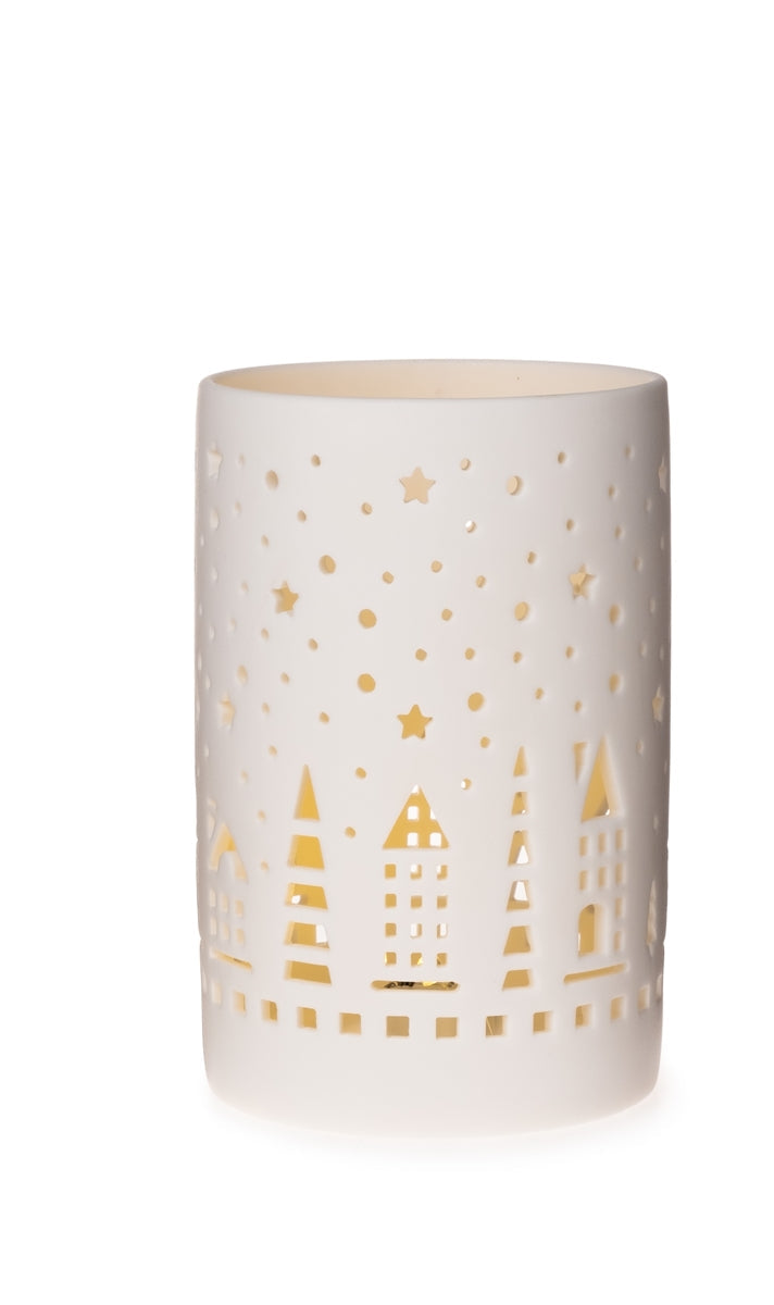 Windlicht Kerzenglas LED H13cm+H17cm Weihnachten Winter weiß porzellan Wald Dekoration 2Größen wählbar