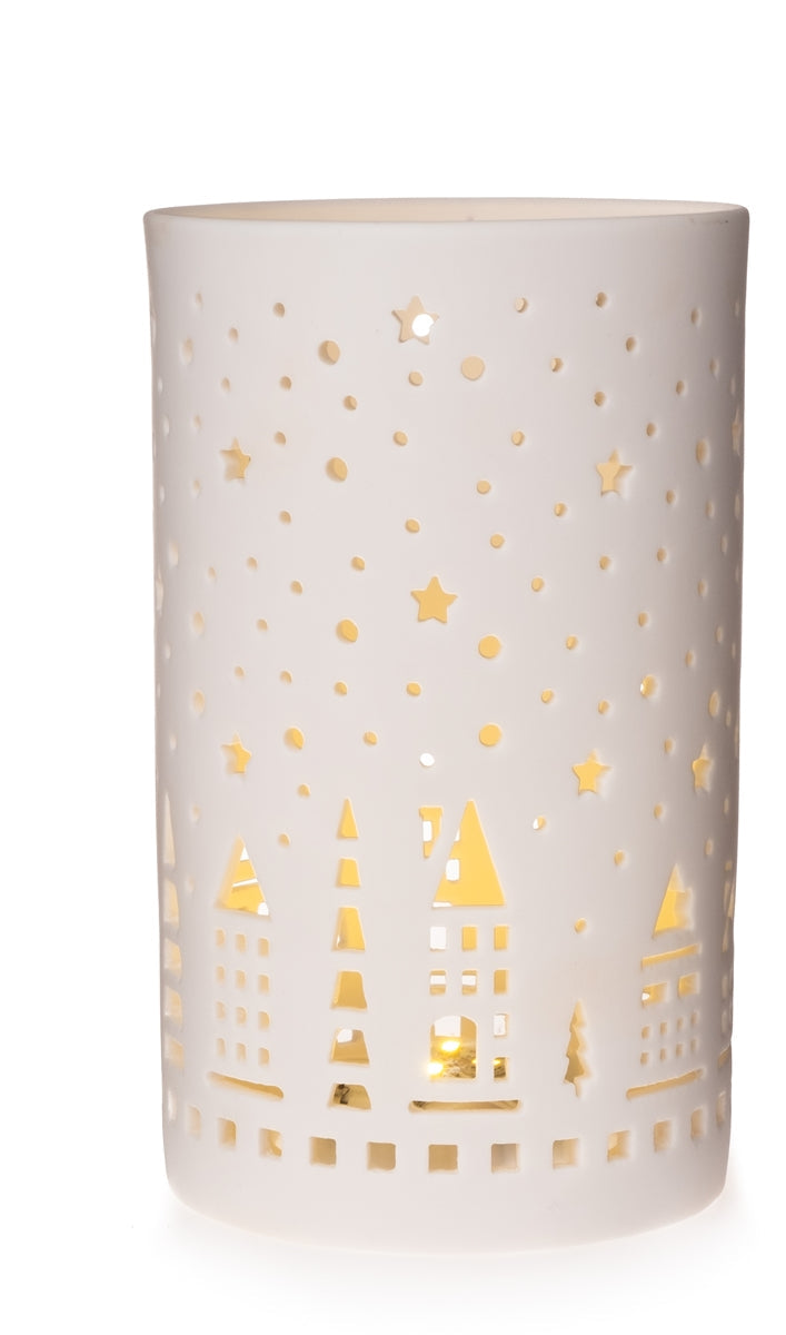 Windlicht Kerzenglas LED H13cm+H17cm Weihnachten Winter weiß porzellan Wald Dekoration 2Größen wählbar