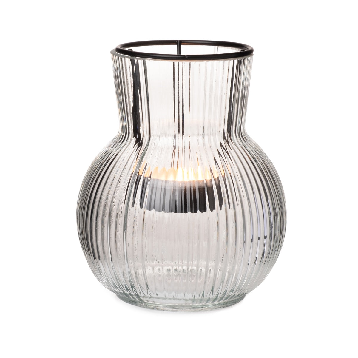2x Windlicht Rillen Glas mit Teelichthaltereinsatz klar Ø11cm H12,5cm