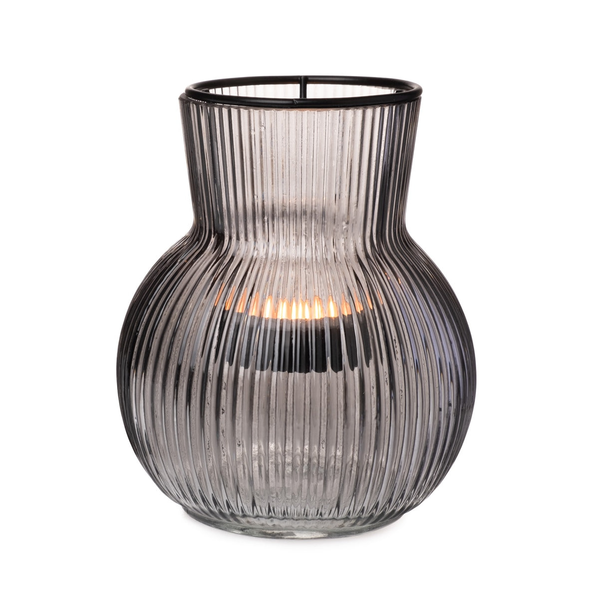 2x Windlicht Rillen Glas mit Teelichthaltereinsatz grau Ø11cm H12,5cm