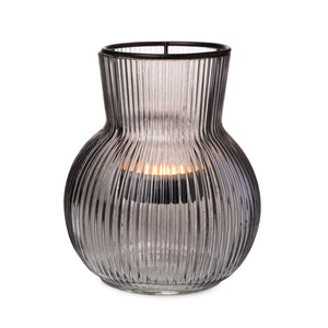 2x Windlicht Rillen Glas mit Teelichthaltereinsatz grau Ø11cm H12,5cm
