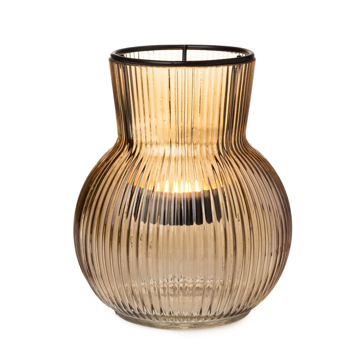 2x Windlicht Rillen Glas mit Teelichthaltereinsatz taupe Ø11cm H12,5cm