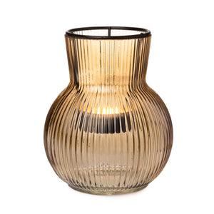 2x Windlicht Rillen Glas mit Teelichthaltereinsatz taupe Ø11cm H12,5cm
