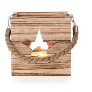 Windlicht Holz Stern mit Henkel und Glas Teelichthalter H12cm + H14cm natur 2Größen wählbar