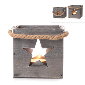 Windlicht Holz Stern mit Henkel und Glas Teelichthalter H12cm + H14cm grau 2Größen wählbar