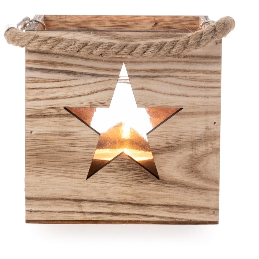 Windlicht Holz Stern mit Henkel und Glas Teelichthalter H12cm + H14cm natur 2Größen wählbar
